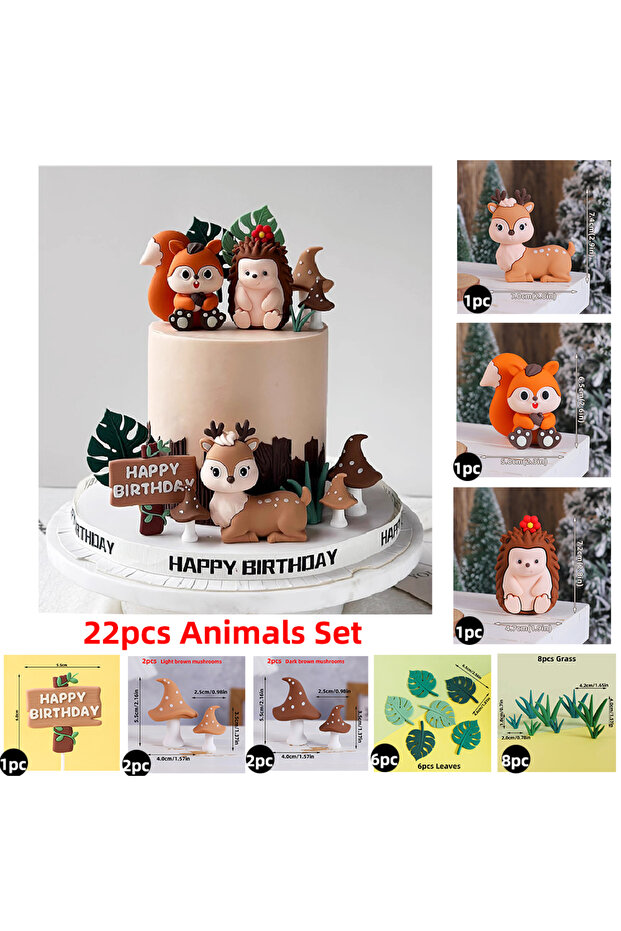 Size As show 22pcs Animal Set Forest Cake Decoration Jungle Squirrel, Hedgehog, Sika Deer, Mushroom,