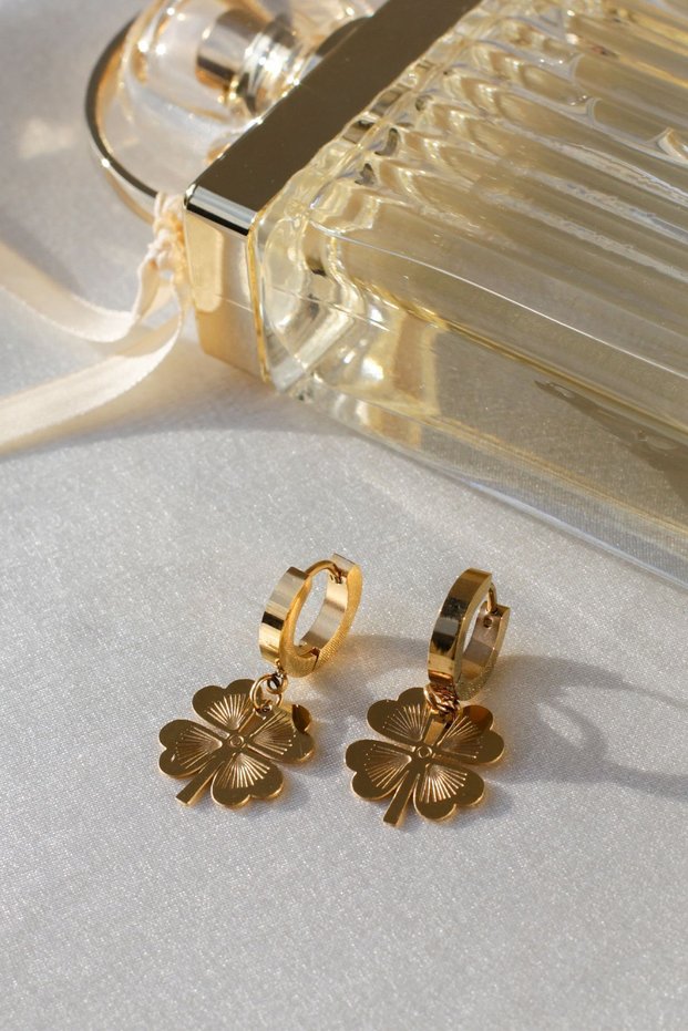 Gold Yellow Stainless Steel Earrings Large Four Leaf Clover Design Swinging Vintage Earrings