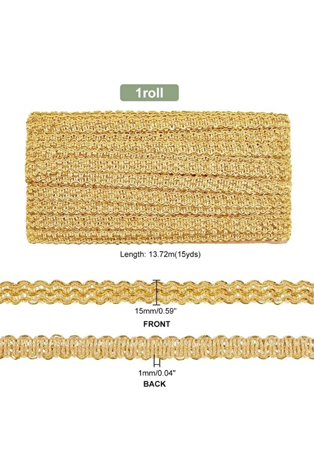 M AECH06-08141 1Roll 15 Yards Golden Braid Lace Trim 15mm Wavy Woven Lace Ribbon Filigree Gimp Braid