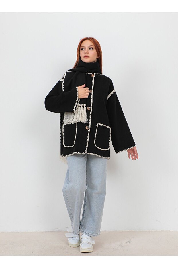 Jachetă de damă neagră cu eșarfă brodată Stamp - 3