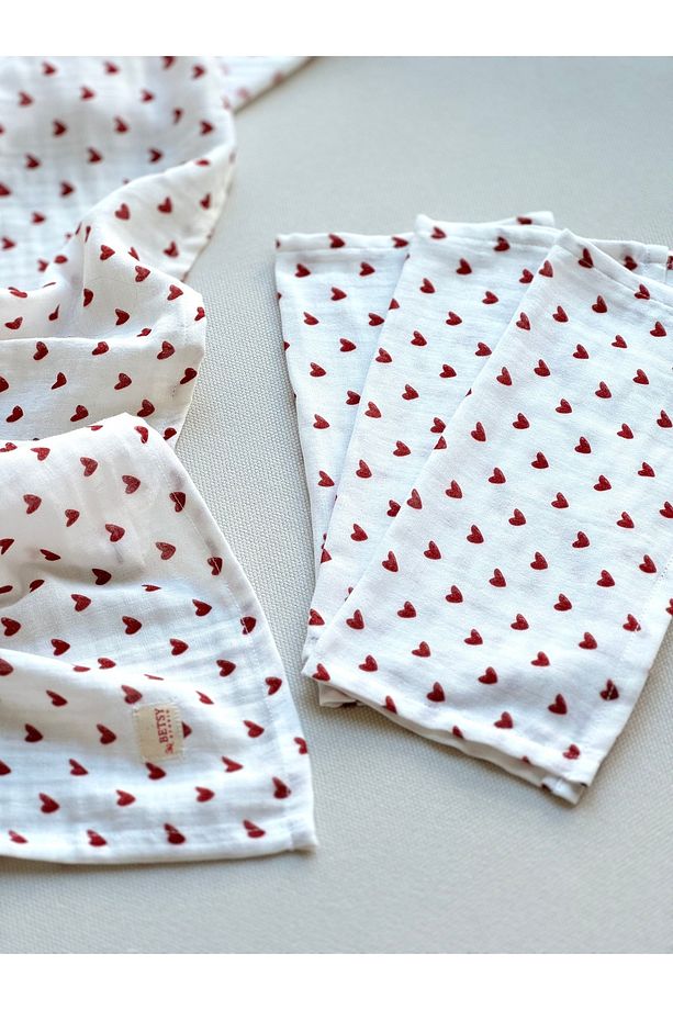 100x100cm Müslin Bebek Çocuk Örtüsü & 3lü Mendil Set Kalpli Emzirme Puset Örtüsü Kundak - 3