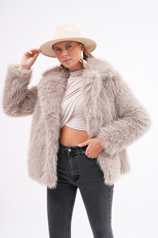 yakalı kürk ceket - 1