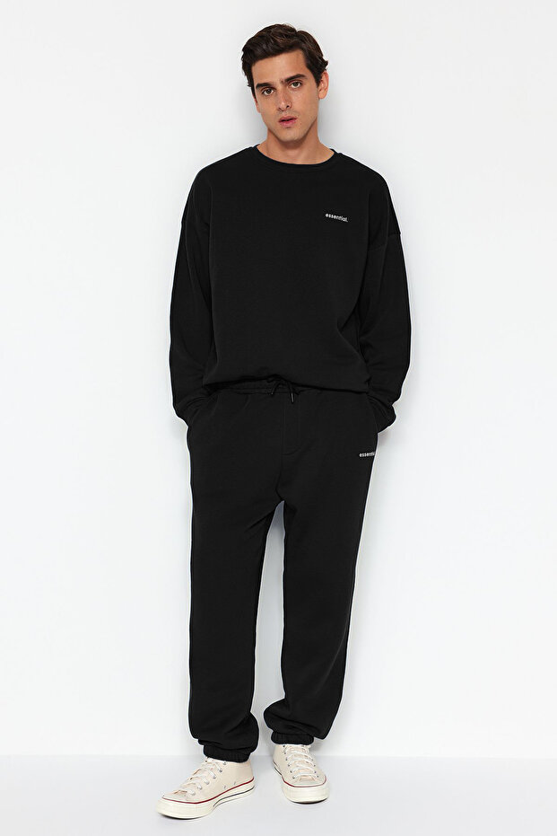 Siyah Regular Kesim Yazı Baskılı Sıcak Tutan Sweatshirt Eşofman Takım TMNAW24EM00004 - 3