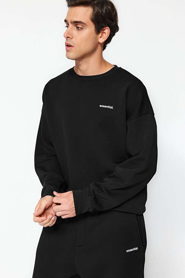 Siyah Regular Kesim Yazı Baskılı Sıcak Tutan Sweatshirt Eşofman Takım TMNAW24EM00004 - 5