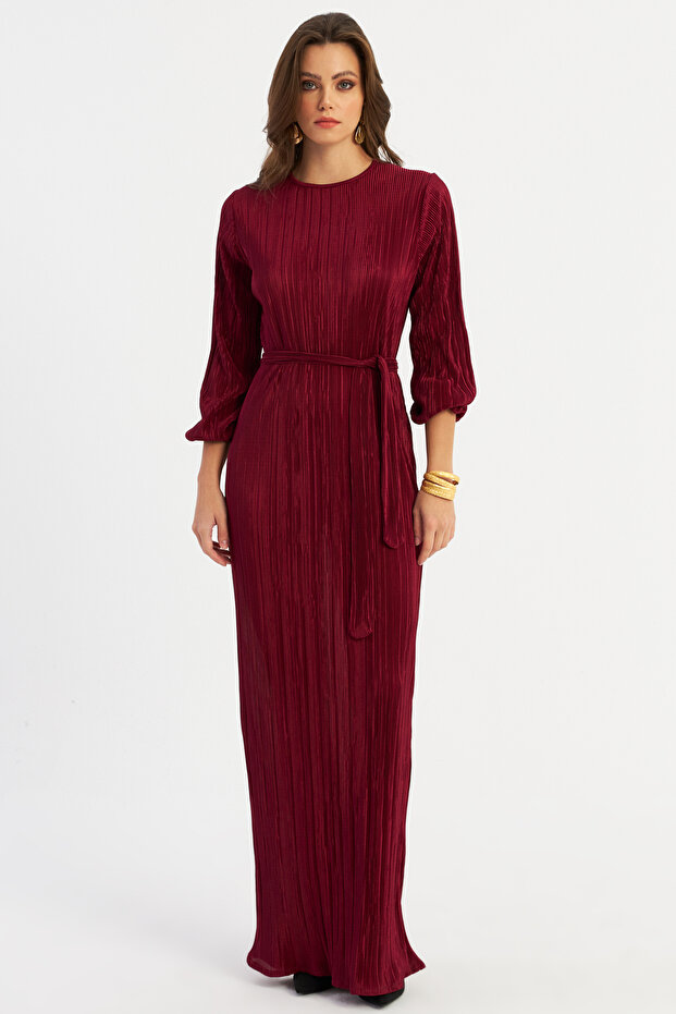 فستان نسائي طويل بطيات باللون العنابي - GÇ192 - 2