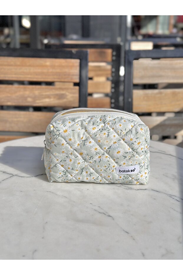 حقيبة مكياج منقوشة على شكل زهرة الأقحوان باللون الأبيض - حجم متوسط - 4