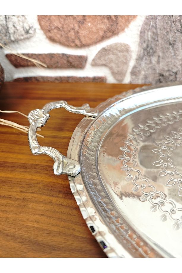 Bakır Servis Tepsi, Kulplu 40 Cm - 4