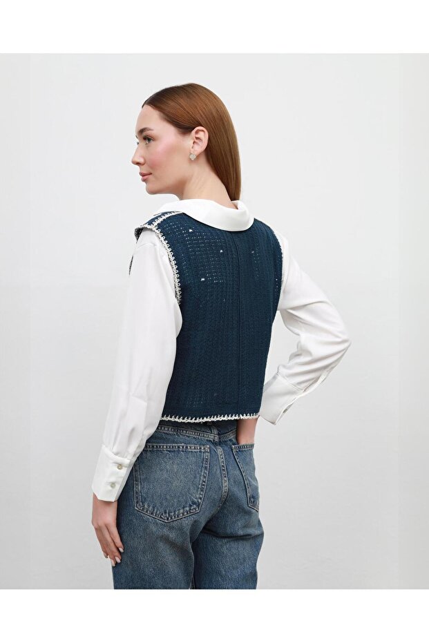 Kadın Mavi Örme Yelek - 2