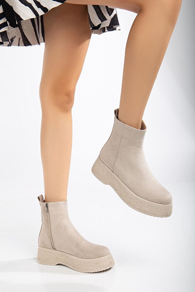 Bézs velúr női csizma - vastag talp és fűző nélküli arc - 2