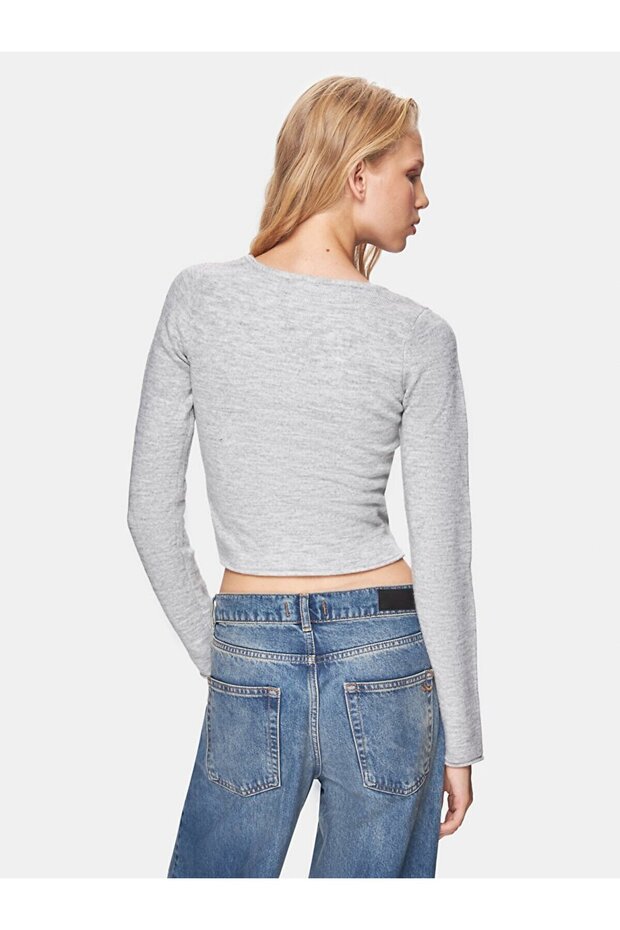 Basıc V Yaka Uzun Kollu Triko Gri Kazak - 3