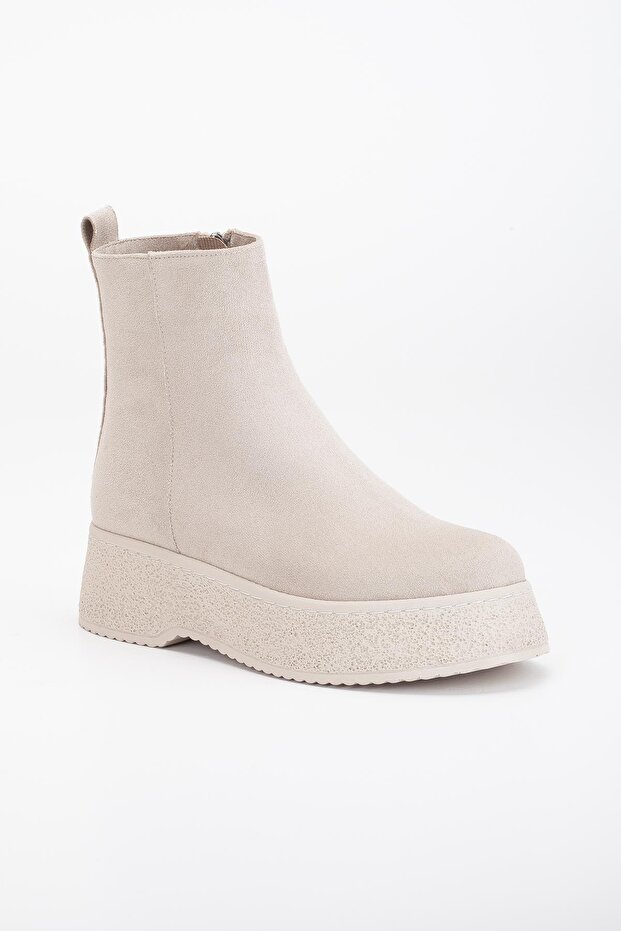 Bézs velúr női csizma - vastag talp és fűző nélküli arc - 4