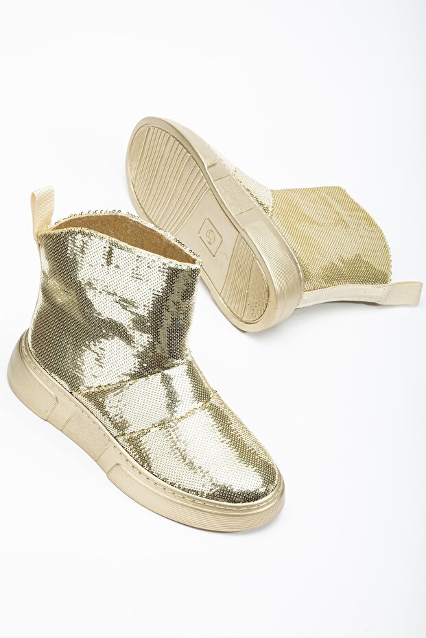 Women's Boots Flat Sole Gold Sequin Laceless Shiny