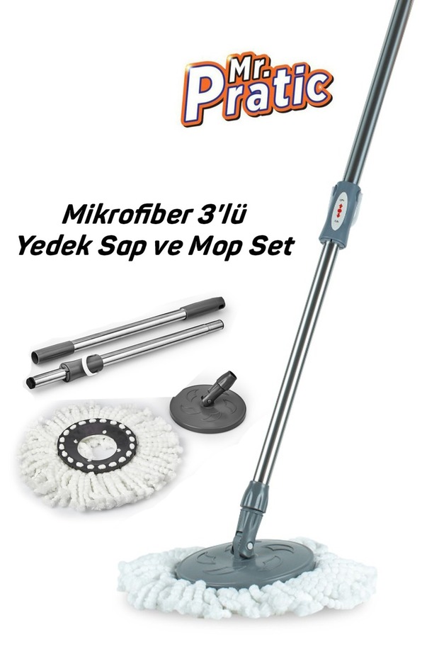 3'lü Set 360 Derece Döner Set Uyumlu Temizlik Seti Yedek Sap Başlık Mikrofiber Paspas Ve Mop - 1