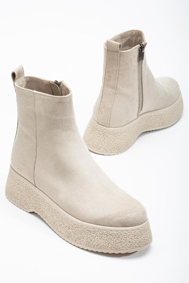 Bézs velúr női csizma - vastag talp és fűző nélküli arc - 1