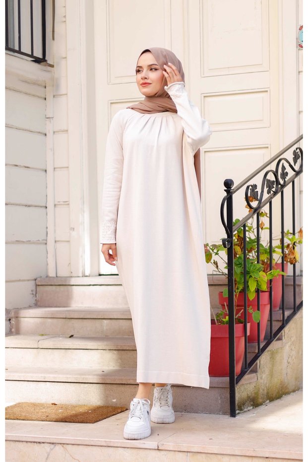 Women's Mercerized Pleated Gipe Detailed Knitwear Dress