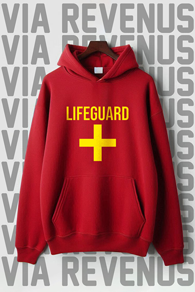 سويت شيرت بقلنسوة مطبوع عليه Cankurtaran / Lifeguard للجنسين بثلاثة خيوط وقصة واسعة