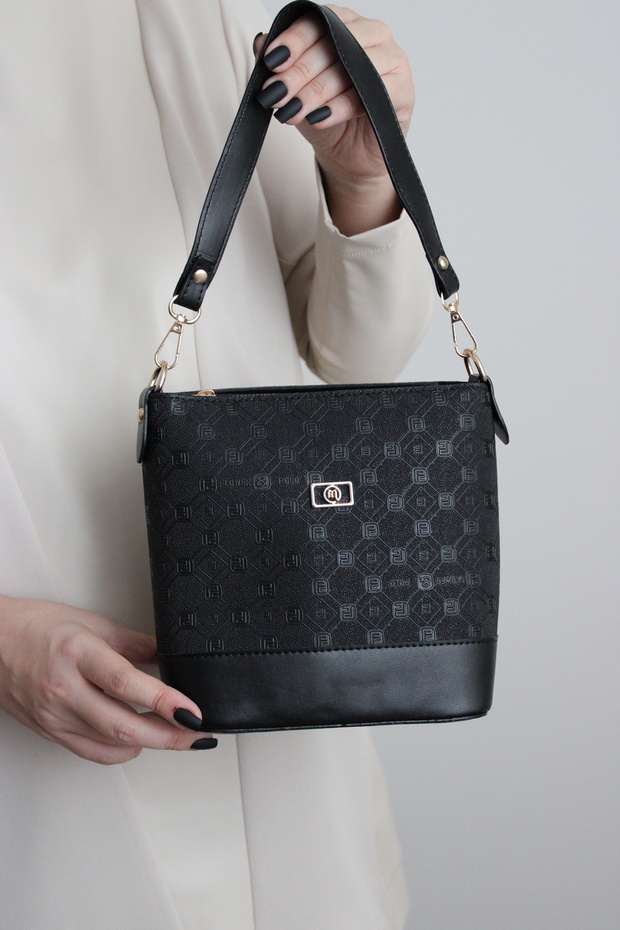 Women's Black Printed-Textured Bucket Model - Hand / Shoulder Crossbody Bag - Gold Accessory