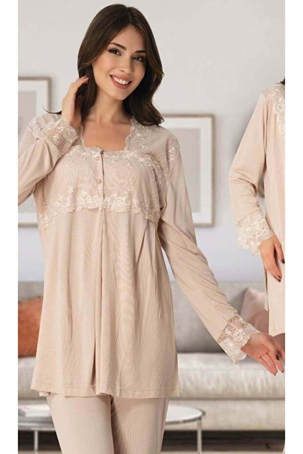 Pregnant Maternity Long Sleeve Pajama Set with Dressing Gown