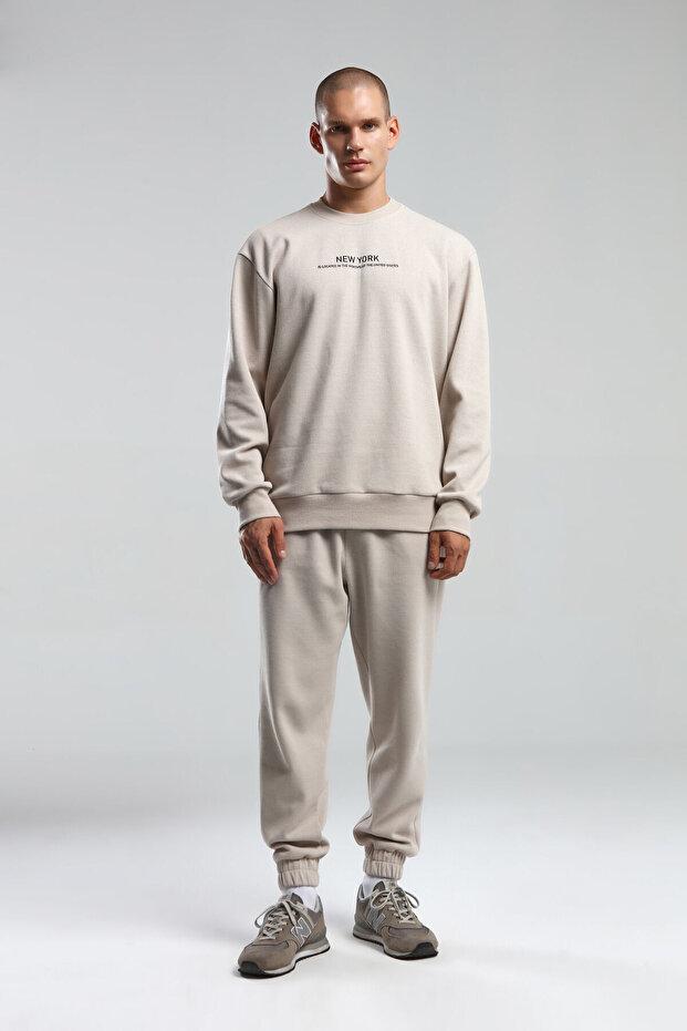 Men's Crew Neck Pigment Printed Winter Regular Fit Cream Sweatshirt Bmk0039-S-V01
