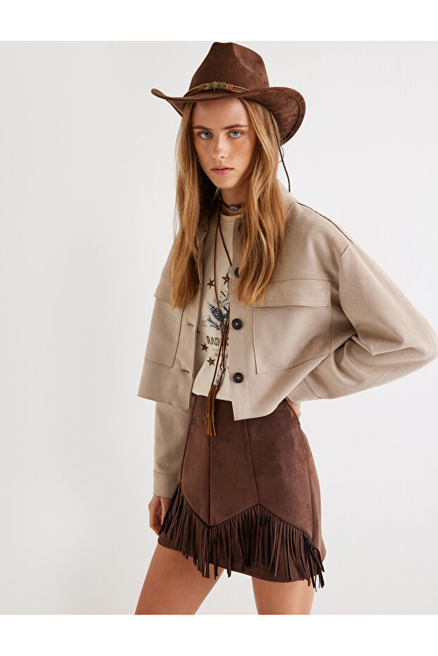Covered Pocket Detailed Buttoned Comfortable Fit Faux Suede Jacket