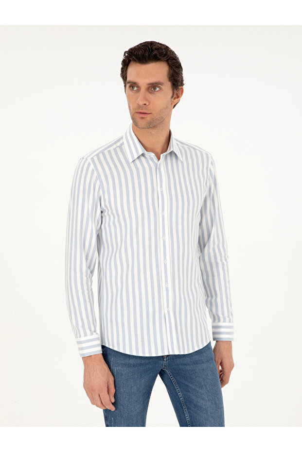 Blue Slim Fit 100% Cotton Striped Shirt 50291351-Vr036