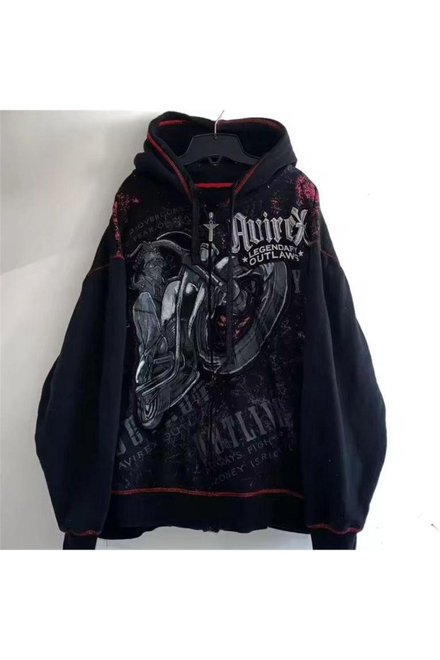 Black Gothic Legendary Outlaws Cyber Grunge Zip Hooded Sweatshirt