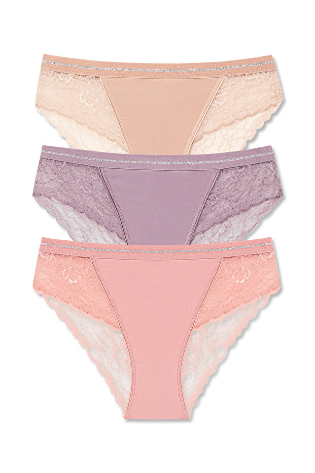 3-Piece Interlock Lace Detailed Glittery Elastic Waist Slip Women's Panties