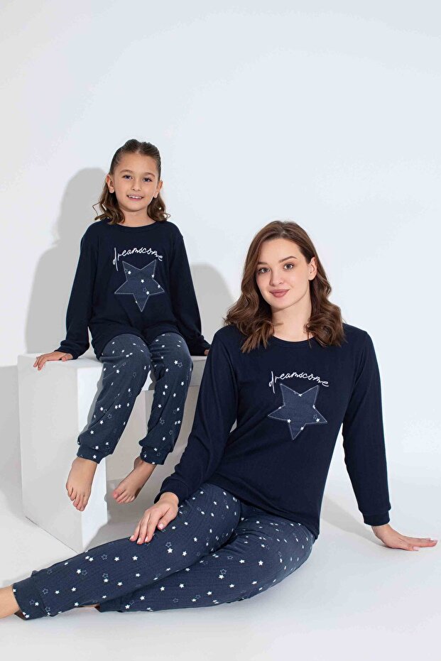 Women's Navy Blue Star Pattern Mother Girl Combination Thermal Winter Warm Soft Pajamas Set