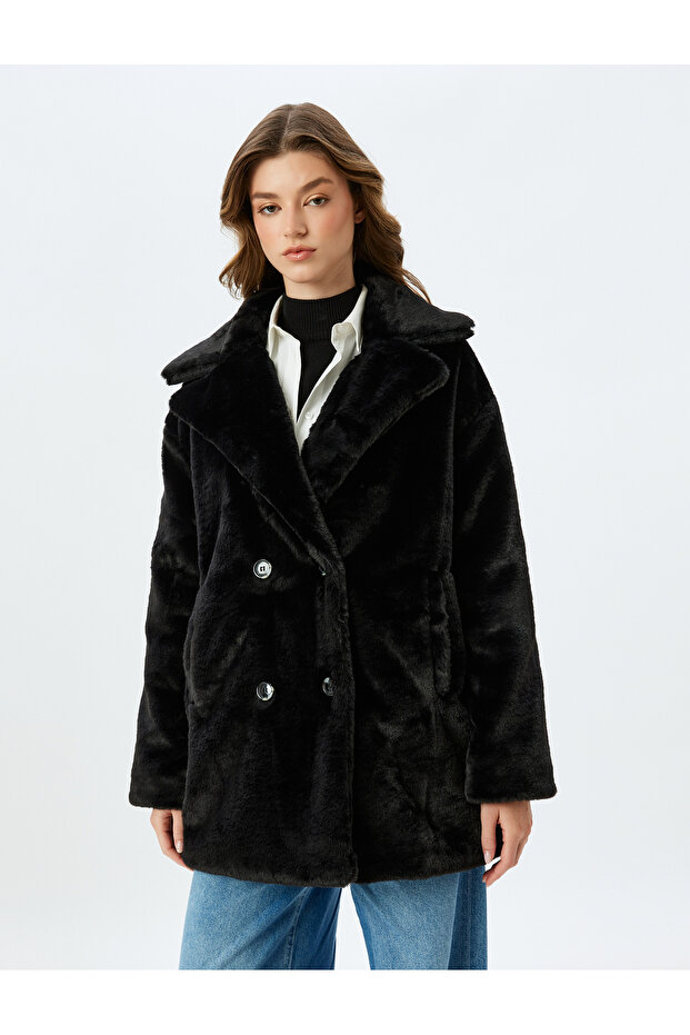 Double Breasted Plush Coat with Buttoned Pockets - 3
