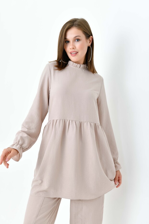 Beige Drawstring Detailed High Collar Tunic