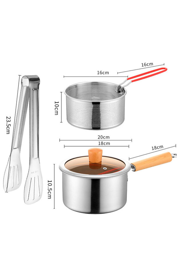 4pcs Pan Set 20cm Stainless Steel Deep Fryer Pot with Strainer Basket Wood Handle Mini Saucepan Soup