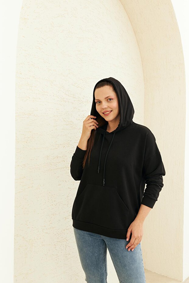 Siyah Kapüşonlu Sweatshırt - 5