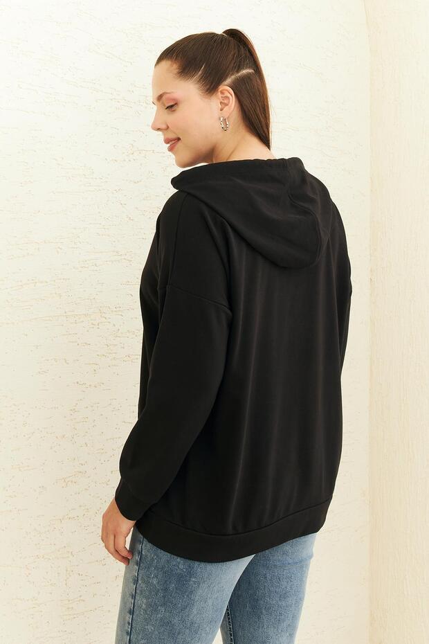 Siyah Kapüşonlu Sweatshırt - 4