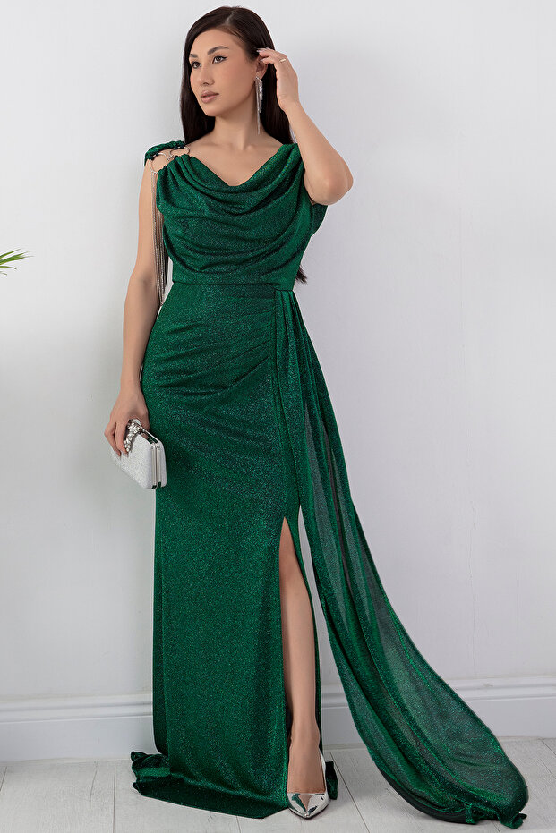 Omuz Aksesuarlı Simli Degaje Yaka Elbise 39878 - 5