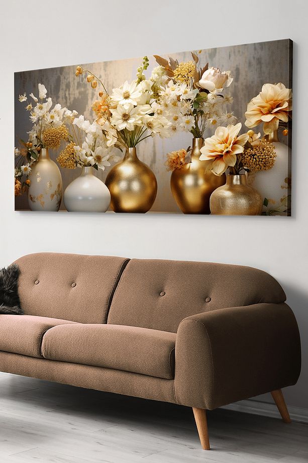 Gold Vazoda Çiçekler Tek Parça Kanvas - Canvas Tablo - 1