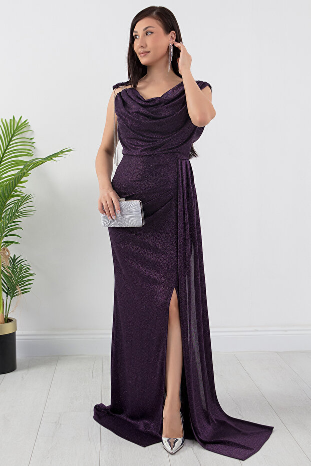 Omuz Aksesuarlı Simli Degaje Yaka Elbise 39878 - 4