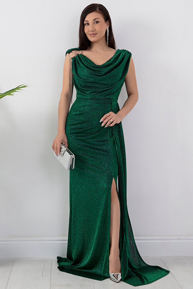 Omuz Aksesuarlı Simli Degaje Yaka Elbise 39878 - 1