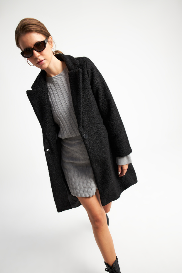 Kadın Siyah Oversize Buklet Kaban - 5