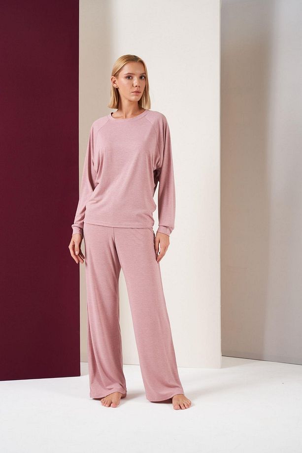 Kadın Sıfır Yaka Bol Paça Uzun Kol Pijama Takım - 3