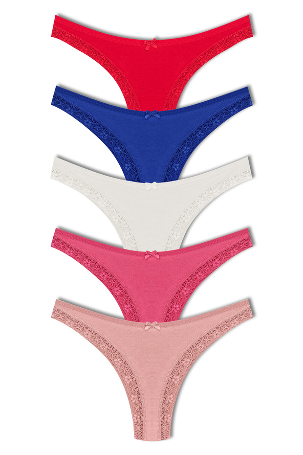 5-Piece Cotton Front Leg Lace Detailed Brazilian Women's Panties