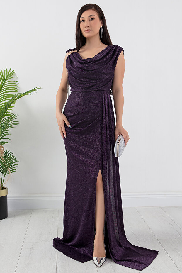 Omuz Aksesuarlı Simli Degaje Yaka Elbise 39878 - 3