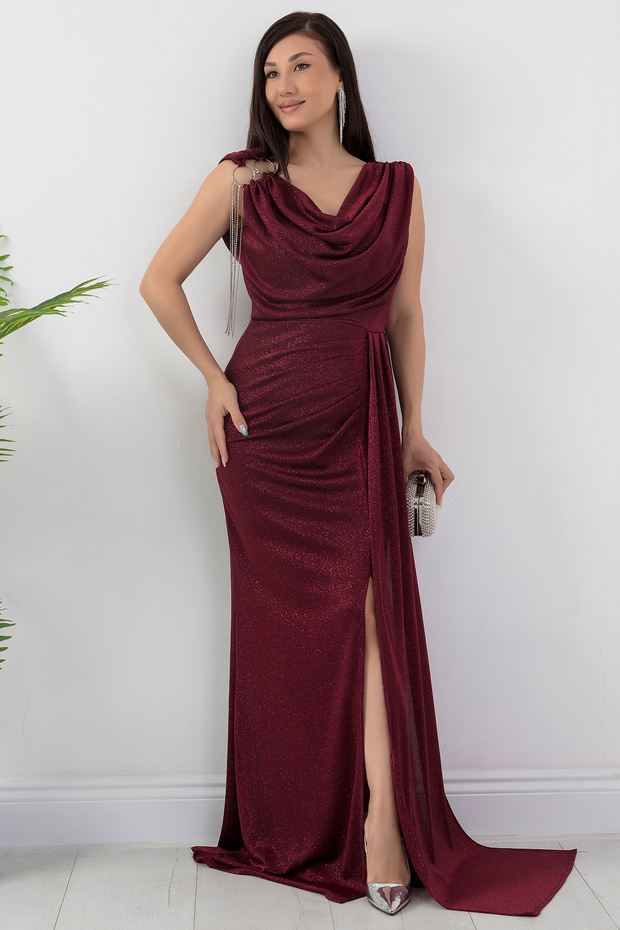 Omuz Aksesuarlı Simli Degaje Yaka Elbise 39878 - 5