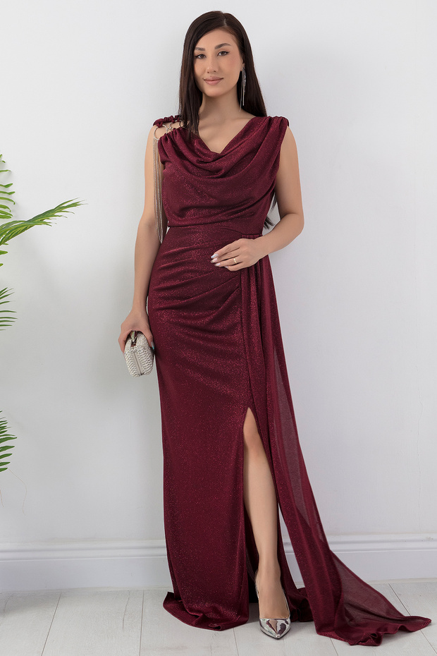 Omuz Aksesuarlı Simli Degaje Yaka Elbise 39878 - 3