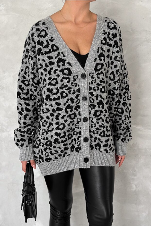 Women's Gray Leopard Pattern Oversize Knitwear Cardigan