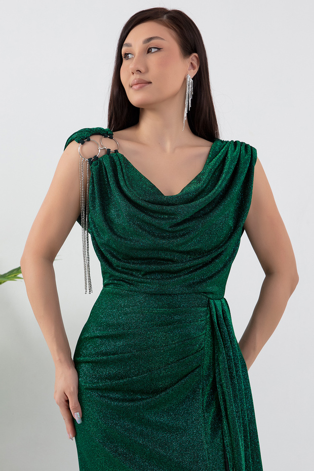 Omuz Aksesuarlı Simli Degaje Yaka Elbise 39878 - 2