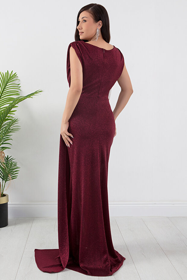 Omuz Aksesuarlı Simli Degaje Yaka Elbise 39878 - 7