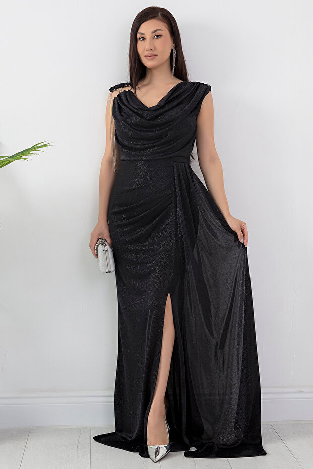 Omuz Aksesuarlı Simli Degaje Yaka Elbise 39878 - 4