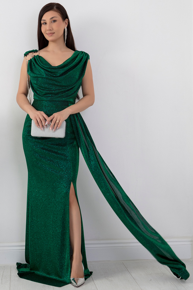 Omuz Aksesuarlı Simli Degaje Yaka Elbise 39878 - 4