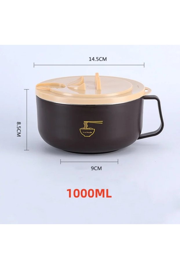 1000ML-Brown Ramen Bowl 304 Stainless Steel Noodle Bowl with Lid Heat Resistant Instant Noodles Bowl