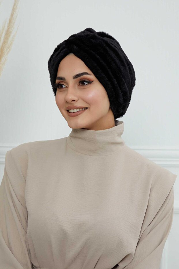Plush Soft Textured Hijab Bonnet, B-9Pd, Black